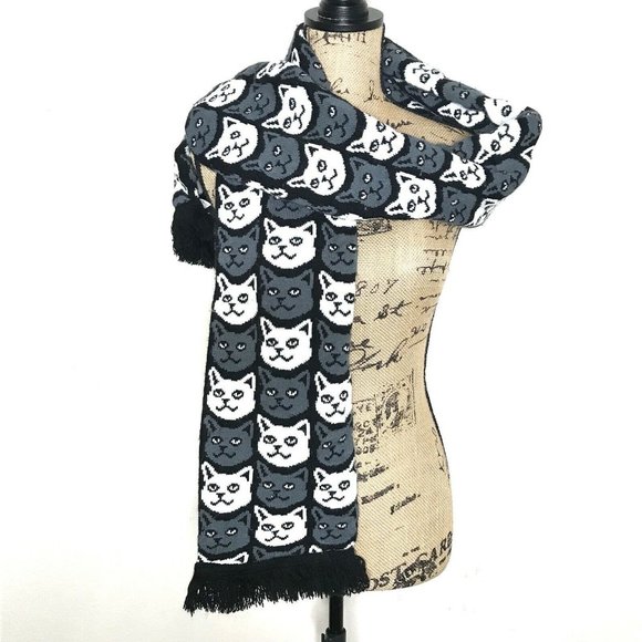 Archie McPhee Accessories - Archie Mcphee Novelty Scarf With Cats Black White Gray Soft Knit Fringe 70" Long